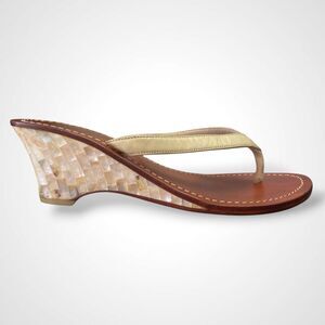 Mystique Wedge Leather Sandals Strappy Thong Size 9 Mother of Pearl Heels *READ*